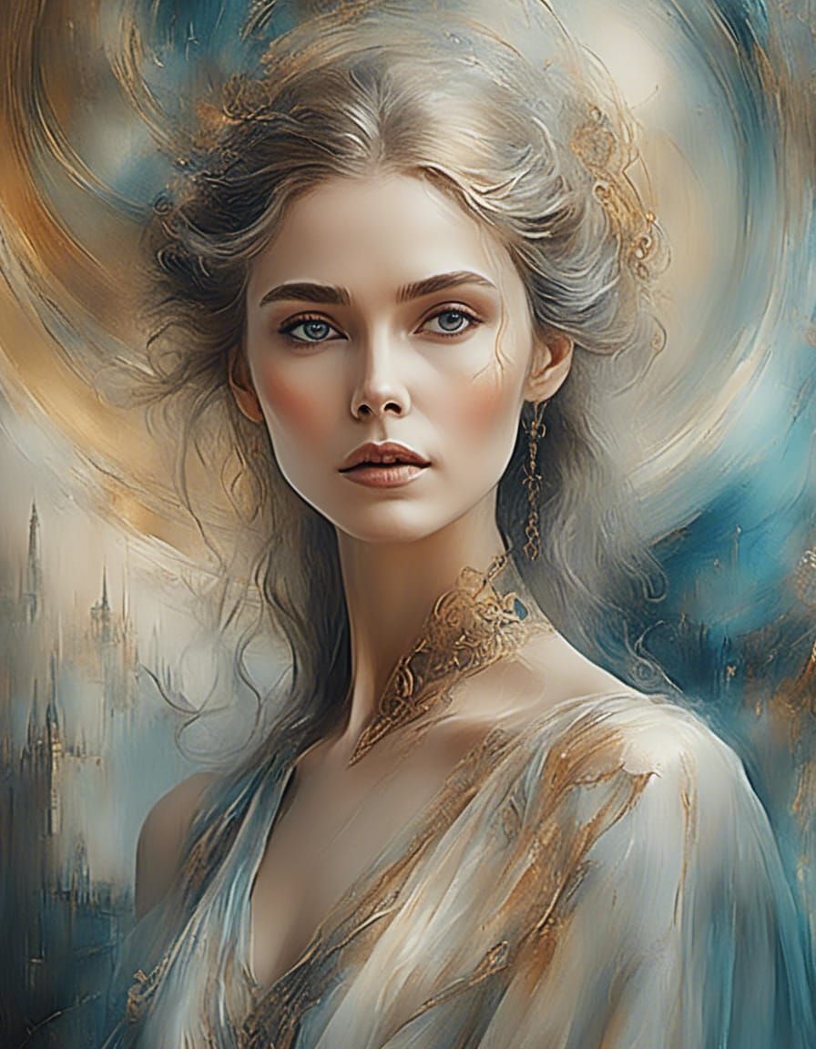 Serene Woman in Surrealist Triadic Oil Painting