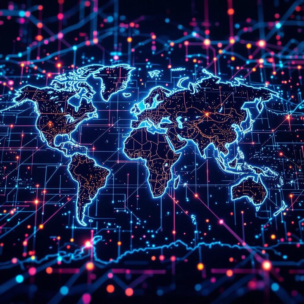 Cyberpunk World Map with Glowing Blockchain Network