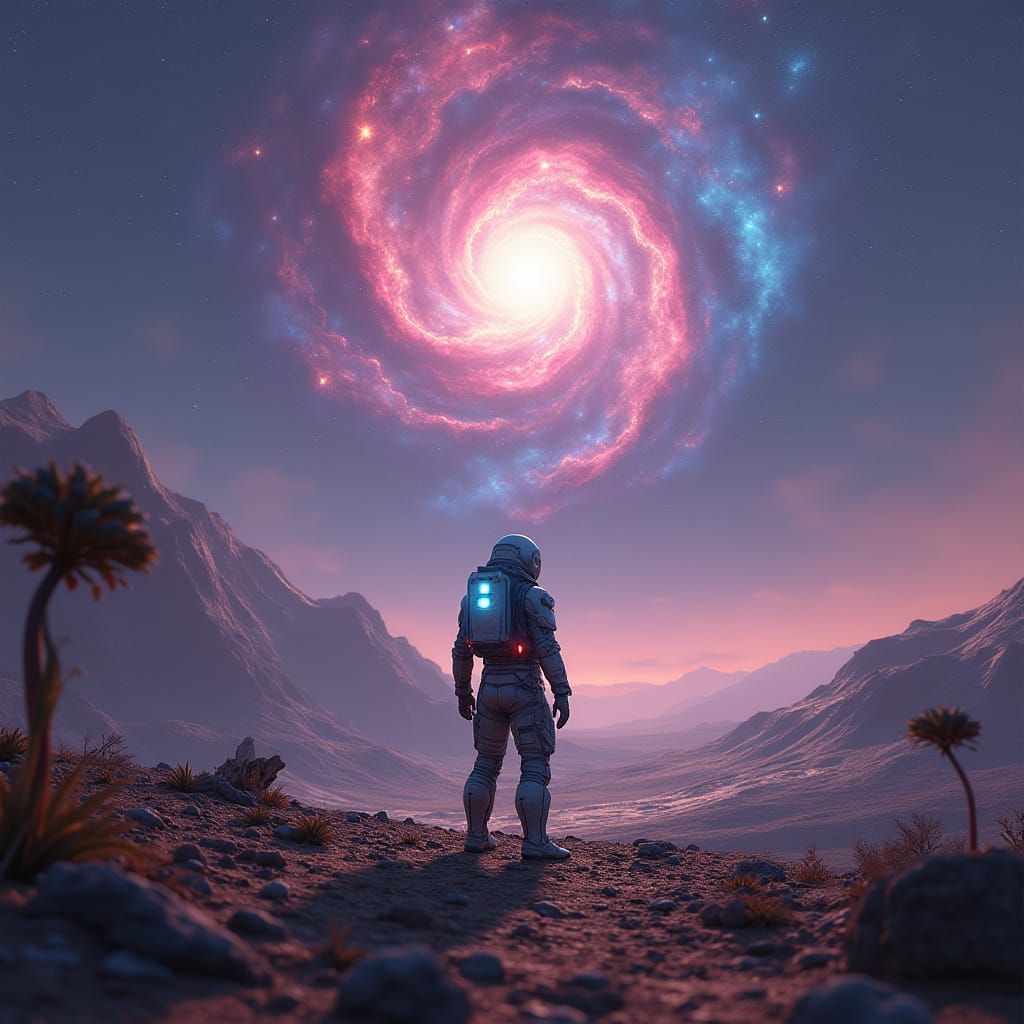 Astronaut Contemplates Swirling Nebula on Barren Alien World