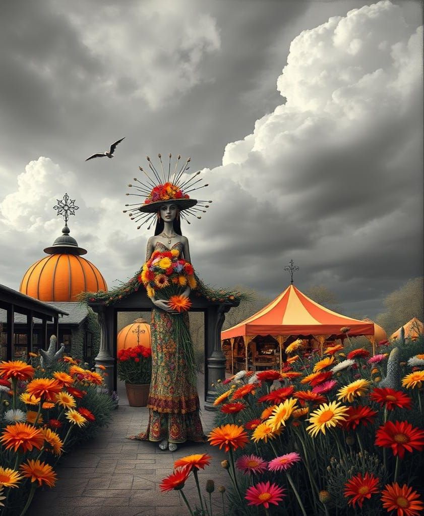 Grand entrance to a Southwestern market at Halloween Flowers Native American Flower spirit-woman in a Million Dandel...