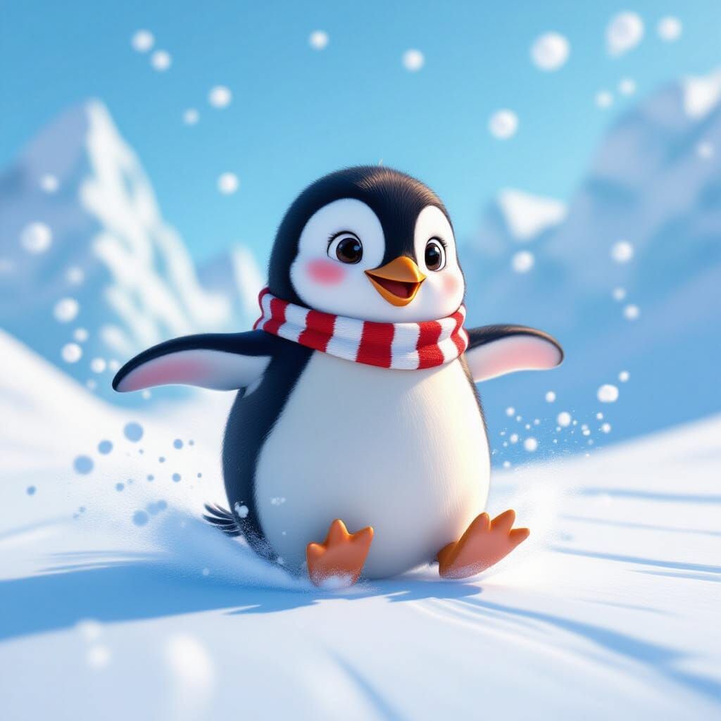 Happy Penguin Sliding on Ice in Digital Art