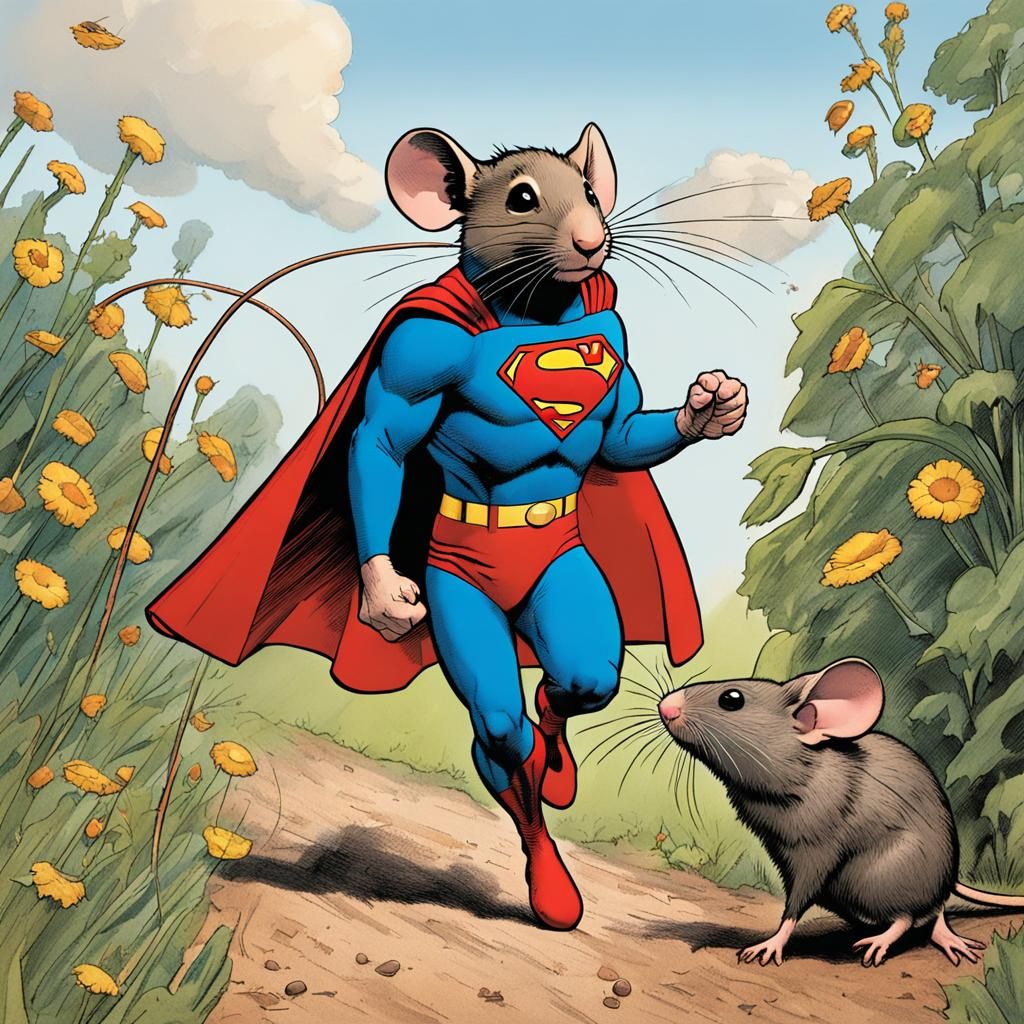 Superman as a field mouse escaping a trap.