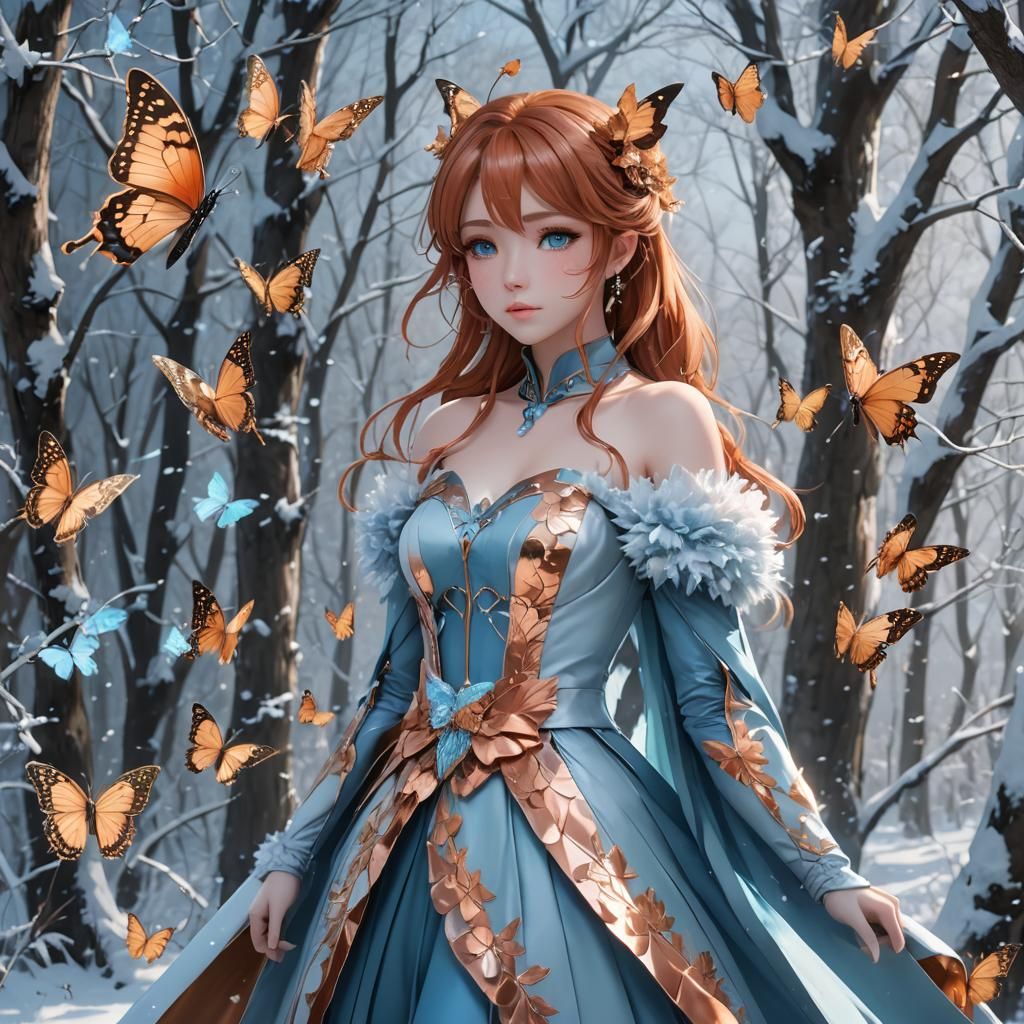 Anime Girl Frost in Copper and Ice Blue Woodland