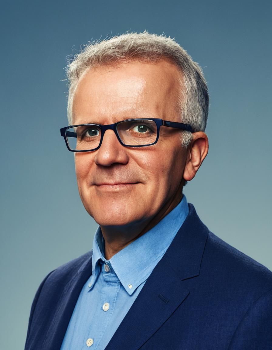 1960s Designer in Blue Suit, Cinematic Still