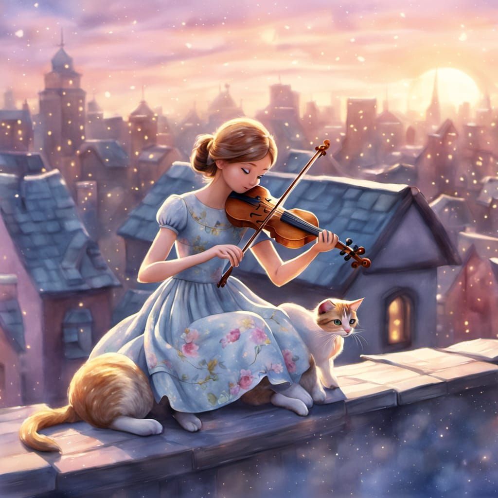 Whimsical Girl and Kittens in Watercolor Style