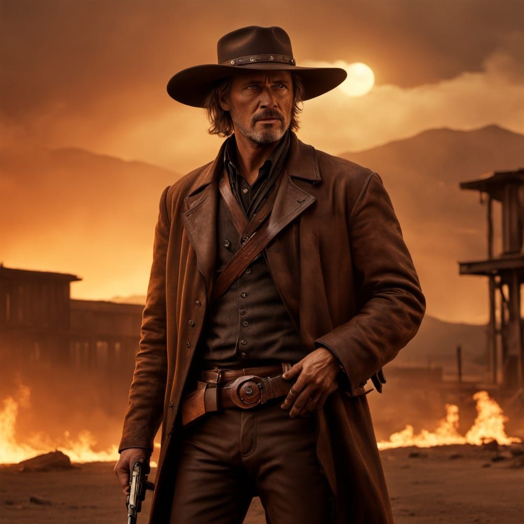 Lone Gunslinger at Sunset in Gritty Realism