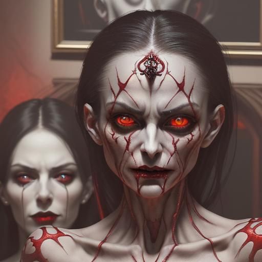 Sinister Woman with Red Eyes in Dramatic Lighting