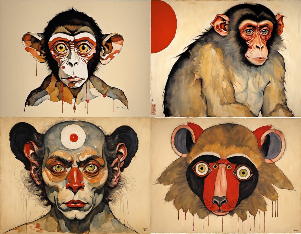 Mutant Baboon Shark Terror in Sumi-e Style