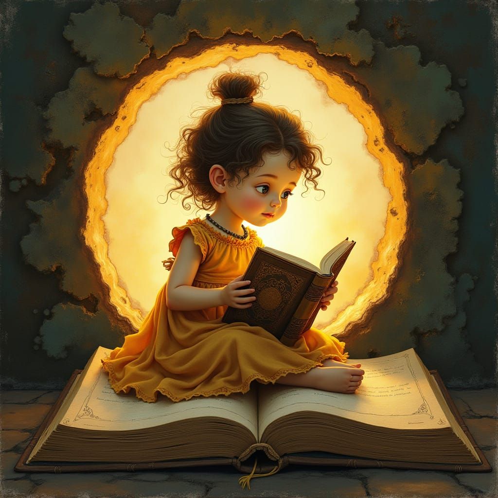 Whimsical Girl Reads in Ancient Book