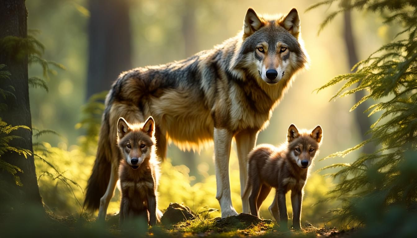 Golden-Eyed She-Wolf and Cub in Forest Clearing