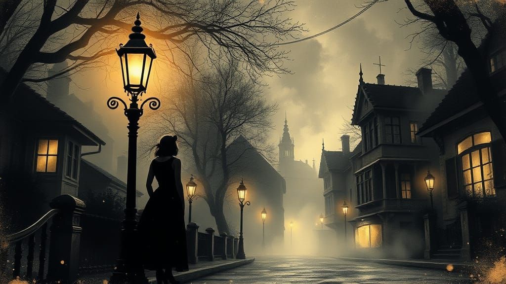 Dreamlike Silhouette: Steampunk Ink Painting at Night