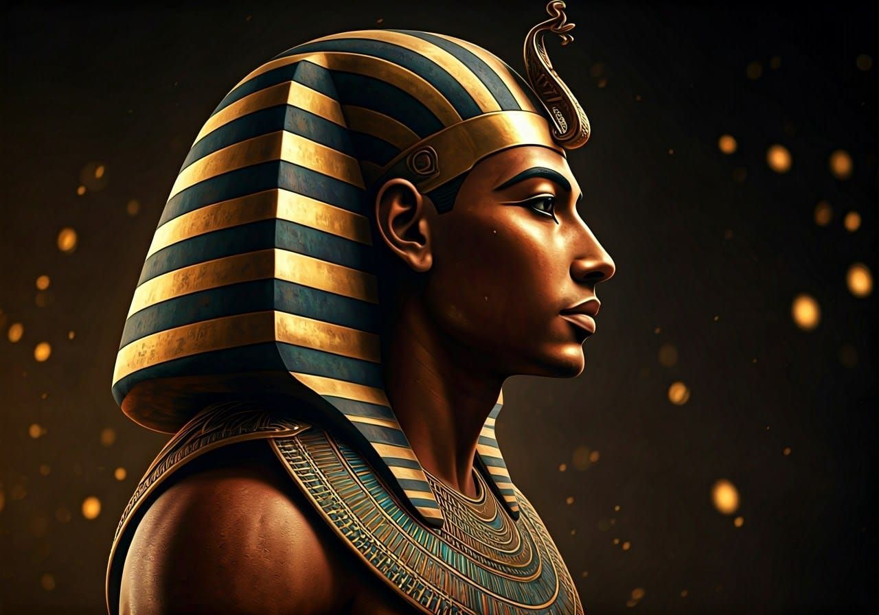 Ancient Egyptian Pharaoh in Golden Headdress with Vibrant Ac...