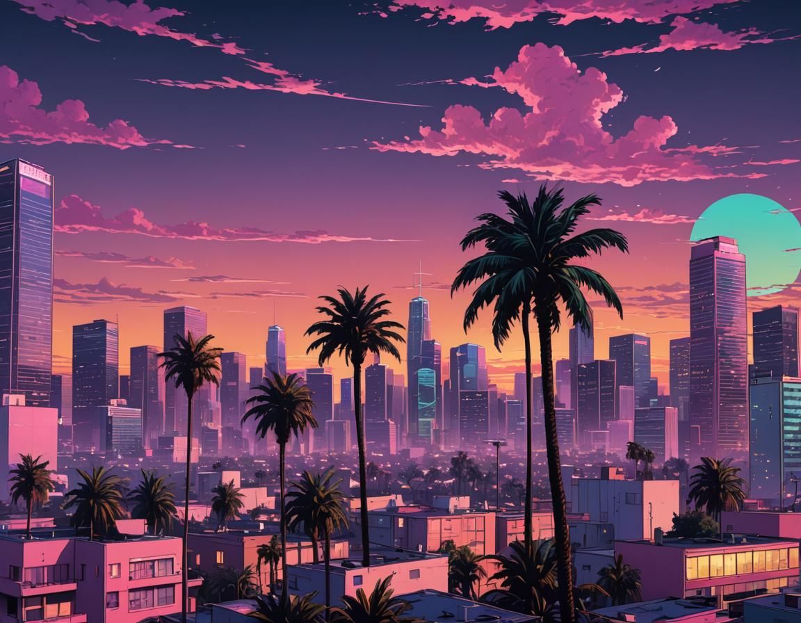 Vaporwave Palm Tree in Retro Cityscape
