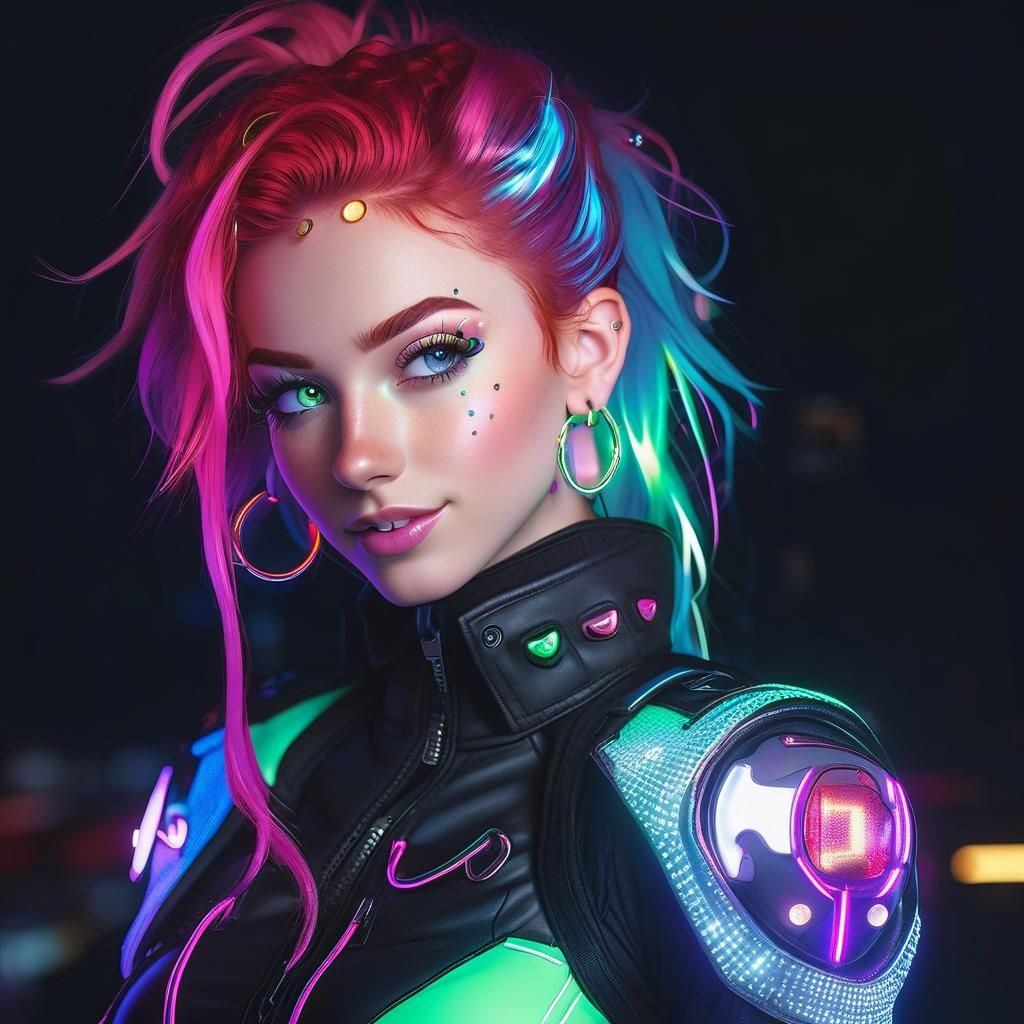 Cyberpunk Anime Girl with Red Hair and Neon Lights