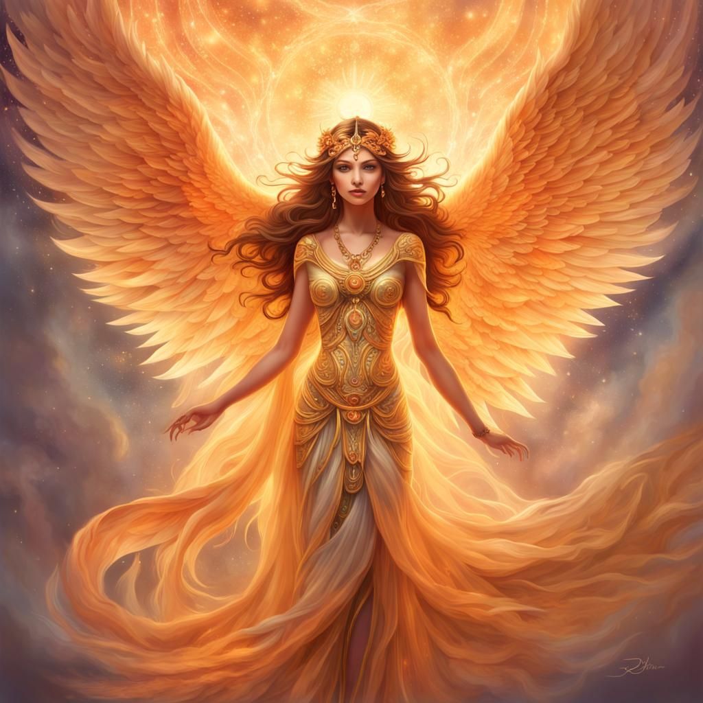 goddess with luminous flaming wings