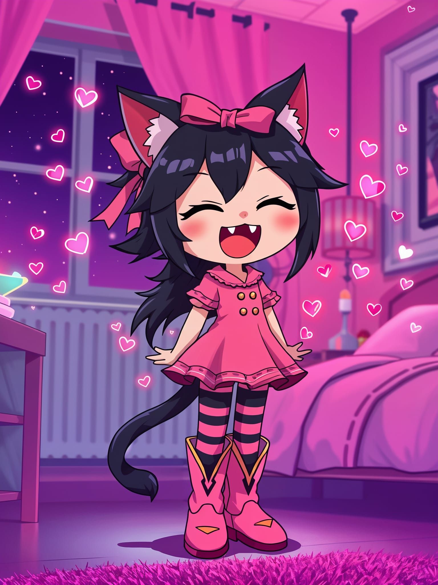 Anime Catgirl in Synthwave Style with Pink Accents