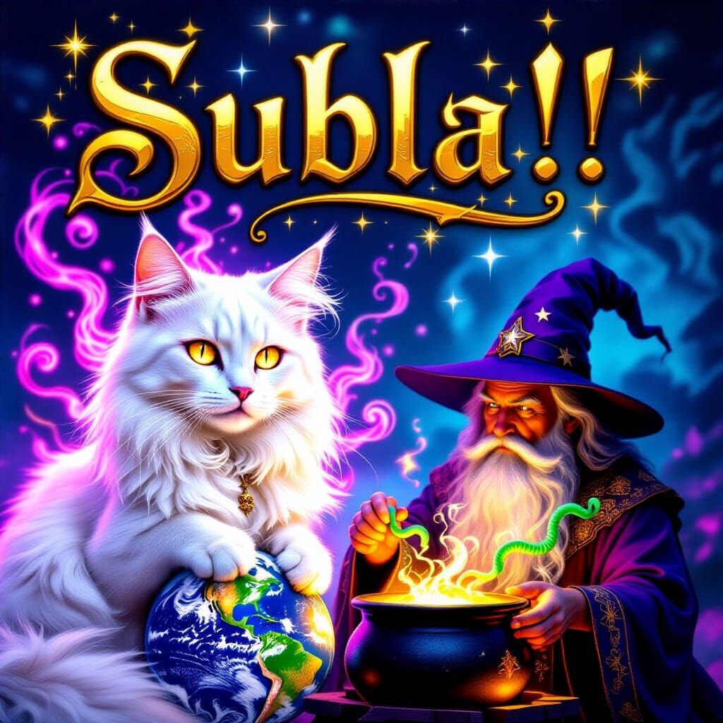 Magical White Cat in Surreal Fantasy Collage