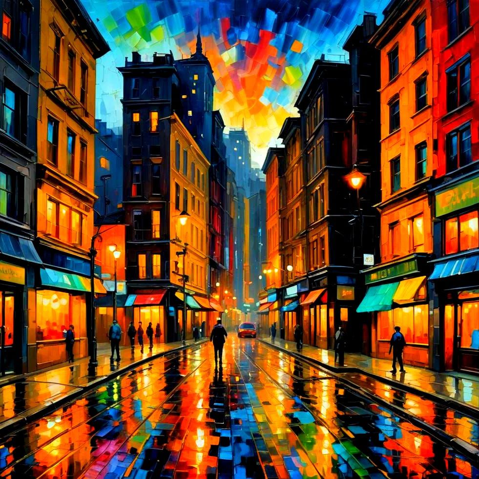 Night Cityscape: Expressionist Oil Painting in Impasto Style
