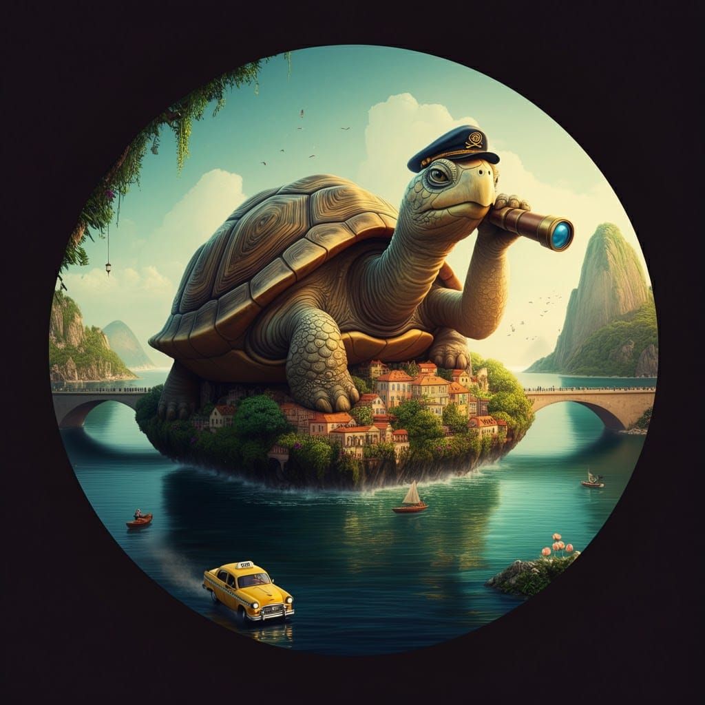 Turtle Statue Guards Floating City: Whimsical Movie Poster
