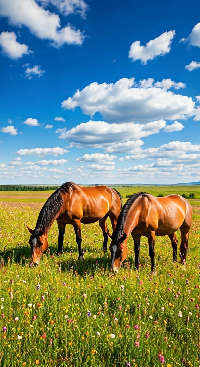 Horses Grazing in a Sunny Meadow, Naturalistic Style