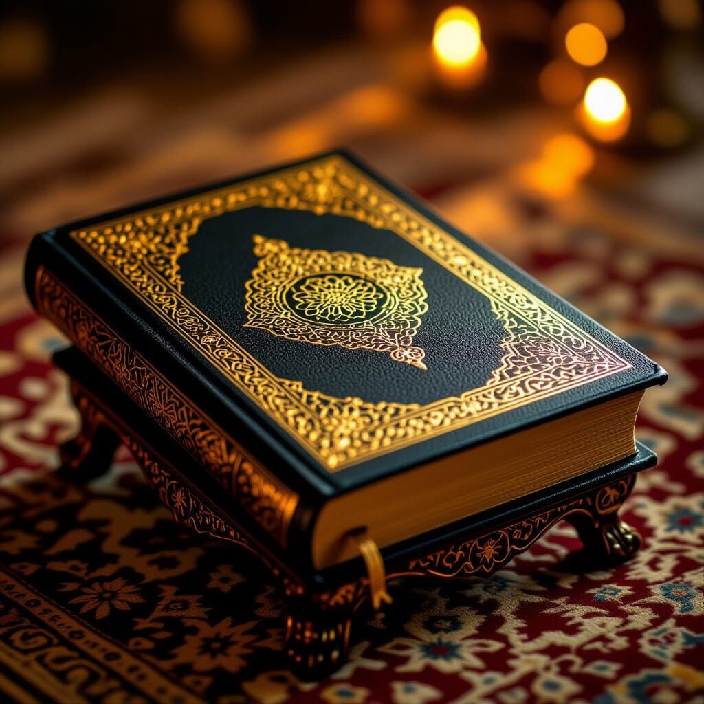 Photorealistic Golden Quran on Ornate Stand