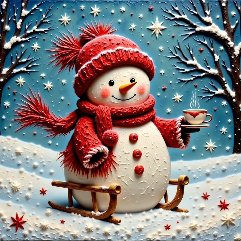Vibrant Impasto Snowman in Red Socks and Coffee Cup