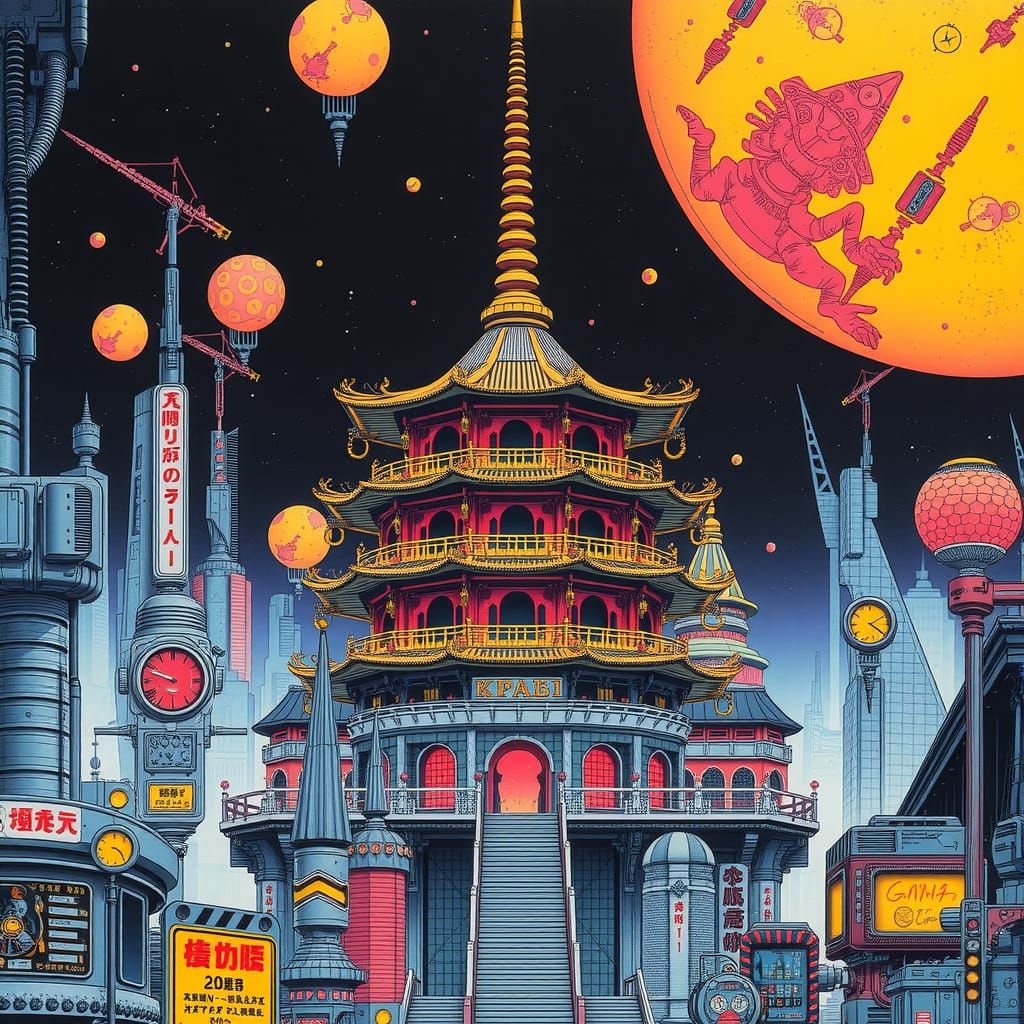 Cyberpunk Pagoda in Psychedelic Metropolis