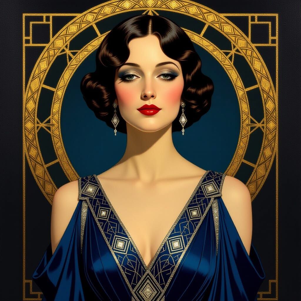 Art Deco Sapphire Lady in Golden Frame