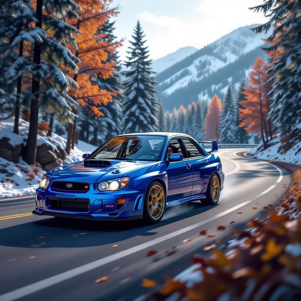 Speeding Subaru WRX on Snowy Mountain Road