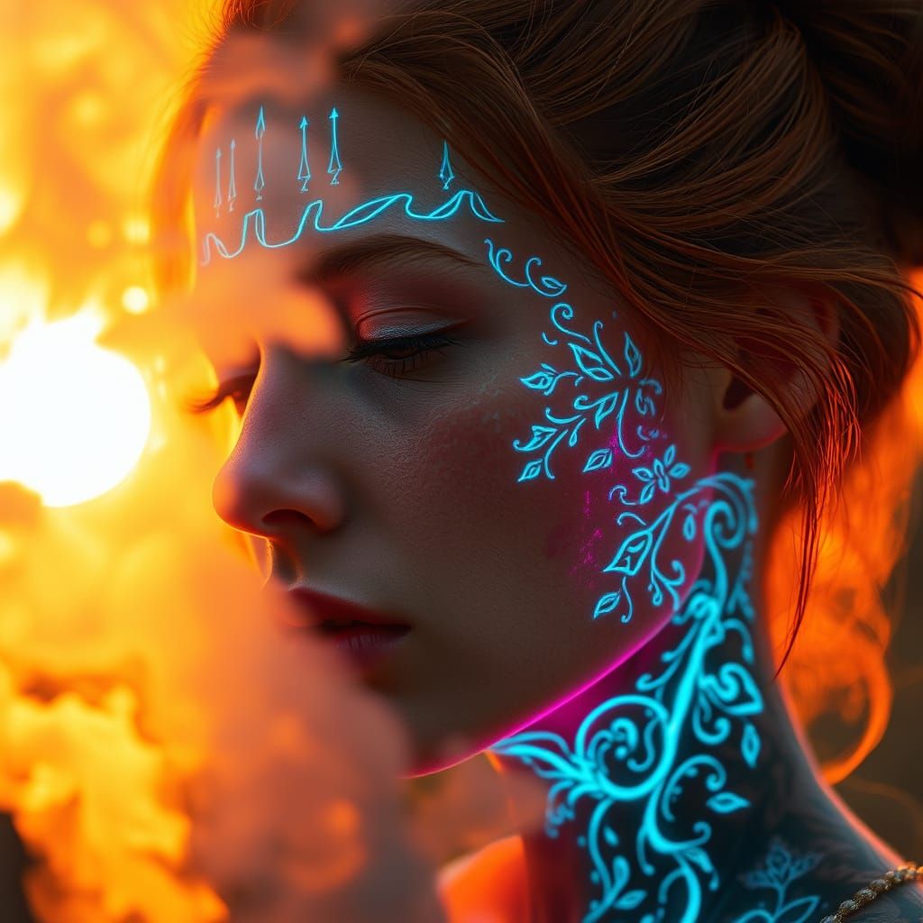 Bioluminescent Tattoos on Ginger Woman: Hyperrealism