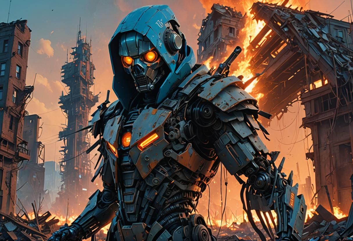 Machine Man Amidst War Ruins: Sci-Fi Concept Art