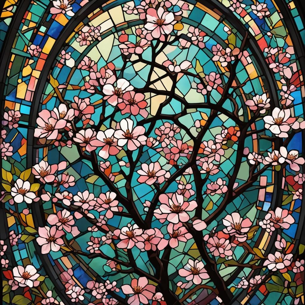 Stained Glass Cherry Blossoms in Cubist Art Deco Style