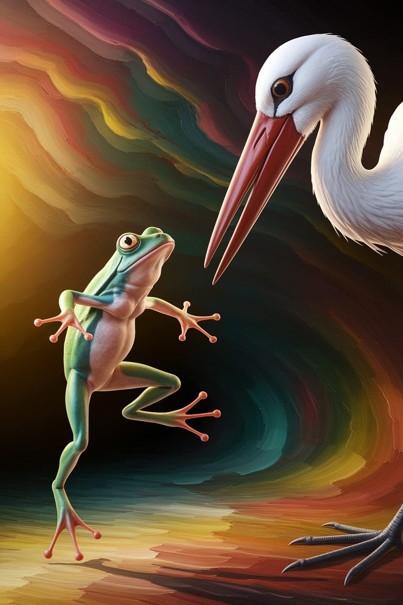Surprised Frog Dodging Stork in HDR Oil Painting