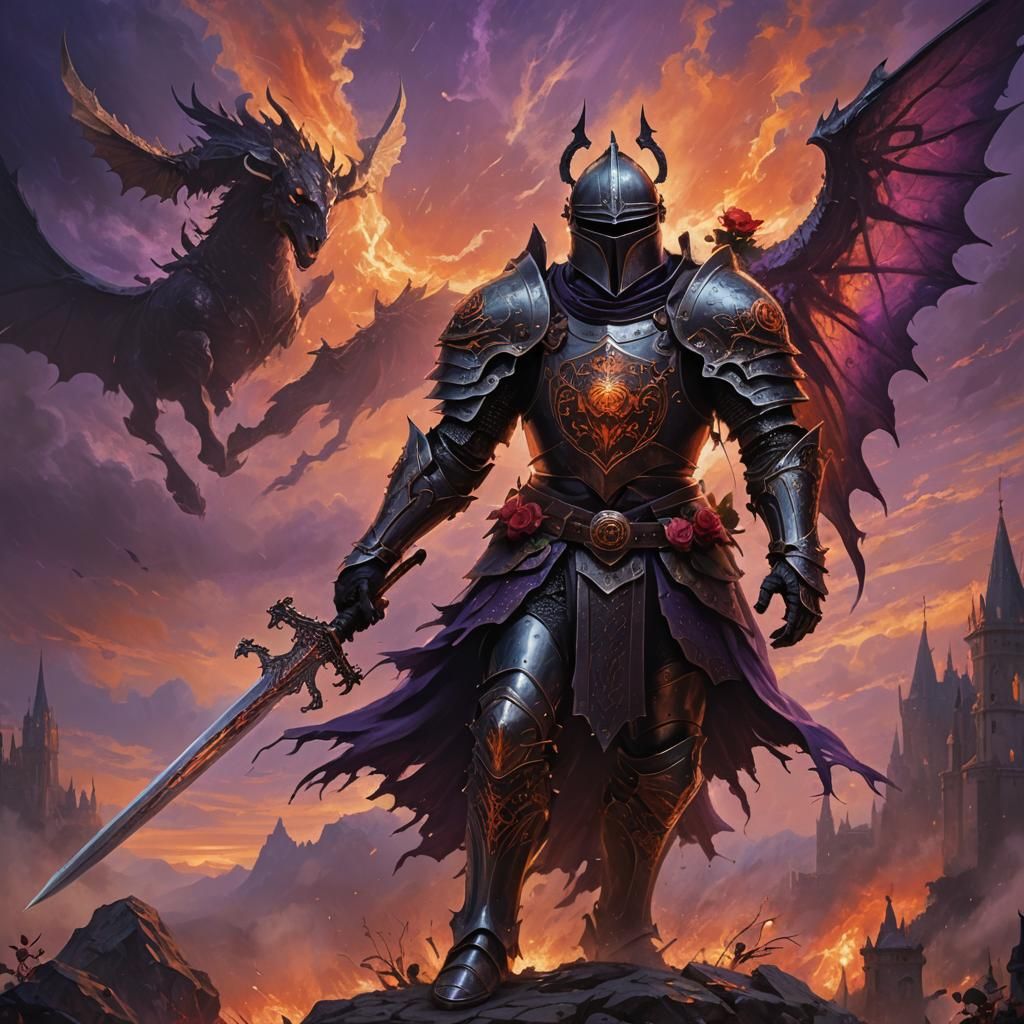 Knight in Gothic Armor Charges in Twilight: Dark Fantasy Art