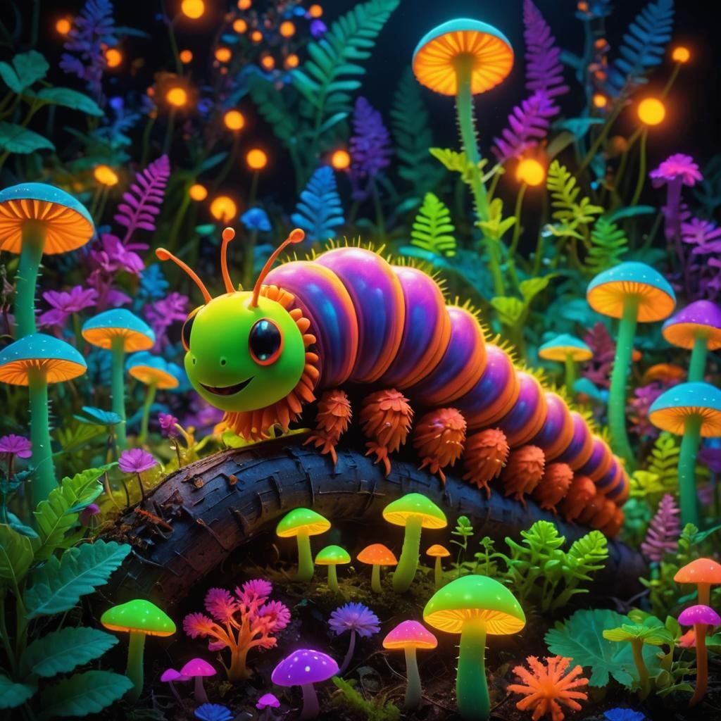 UV-Light Art: Cute Caterpillar and Glowing Mushrooms
