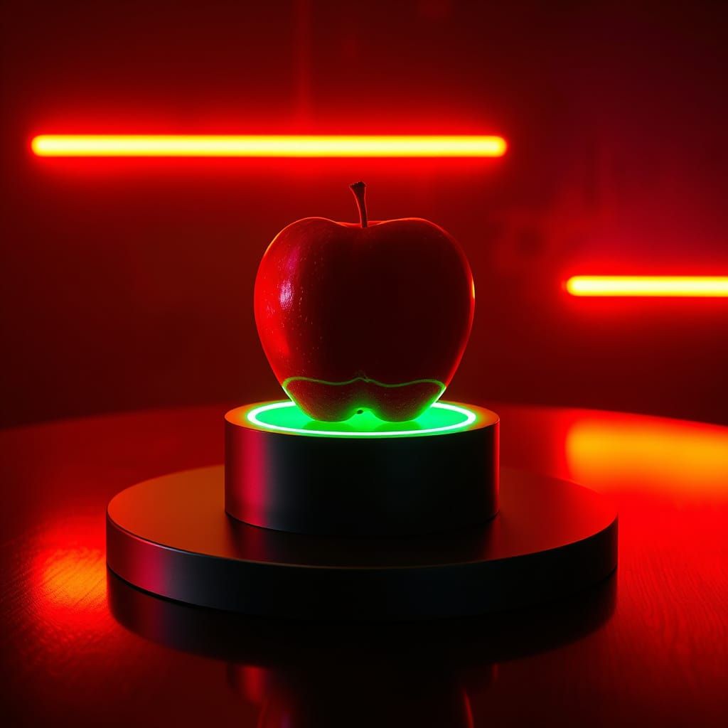 Neon Lit Red Apple on Black Pedestal