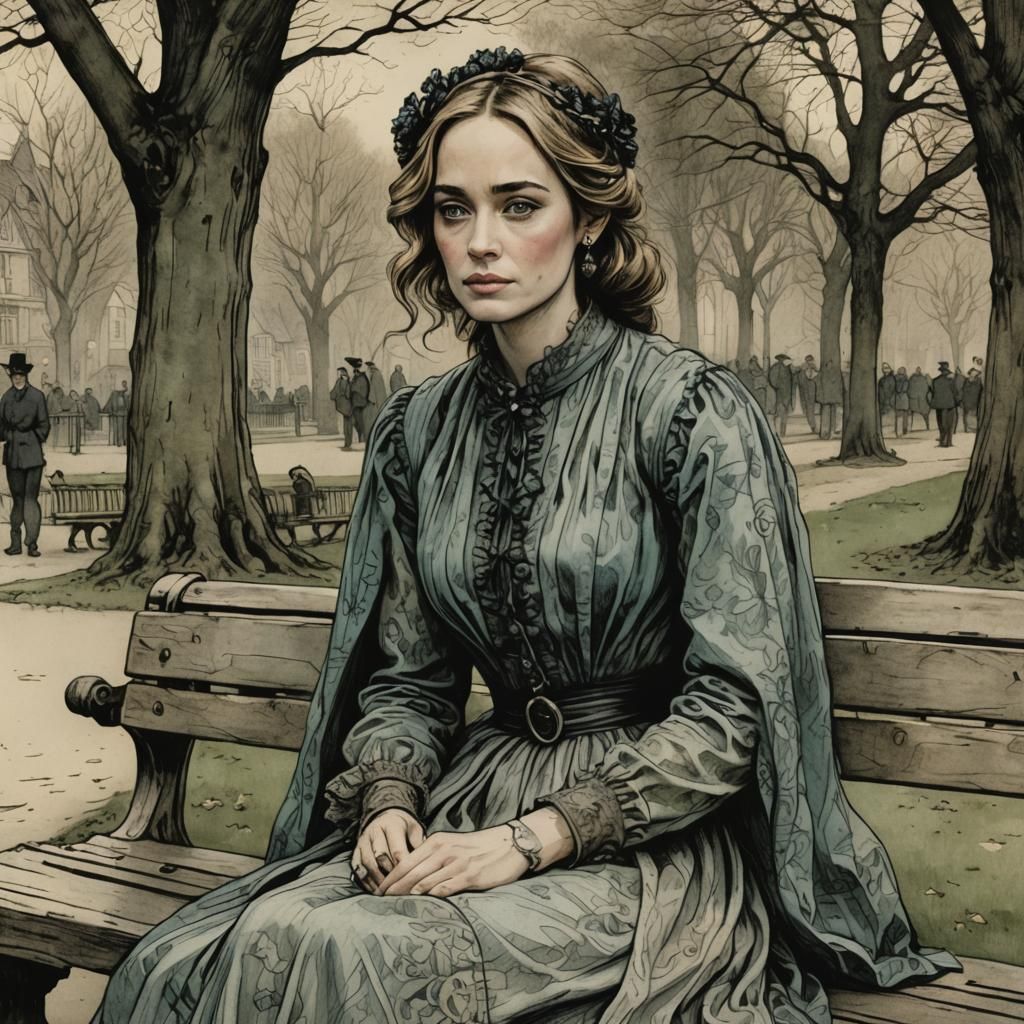 Emily Blunt on Park Bench: Rackham-Style Illustration