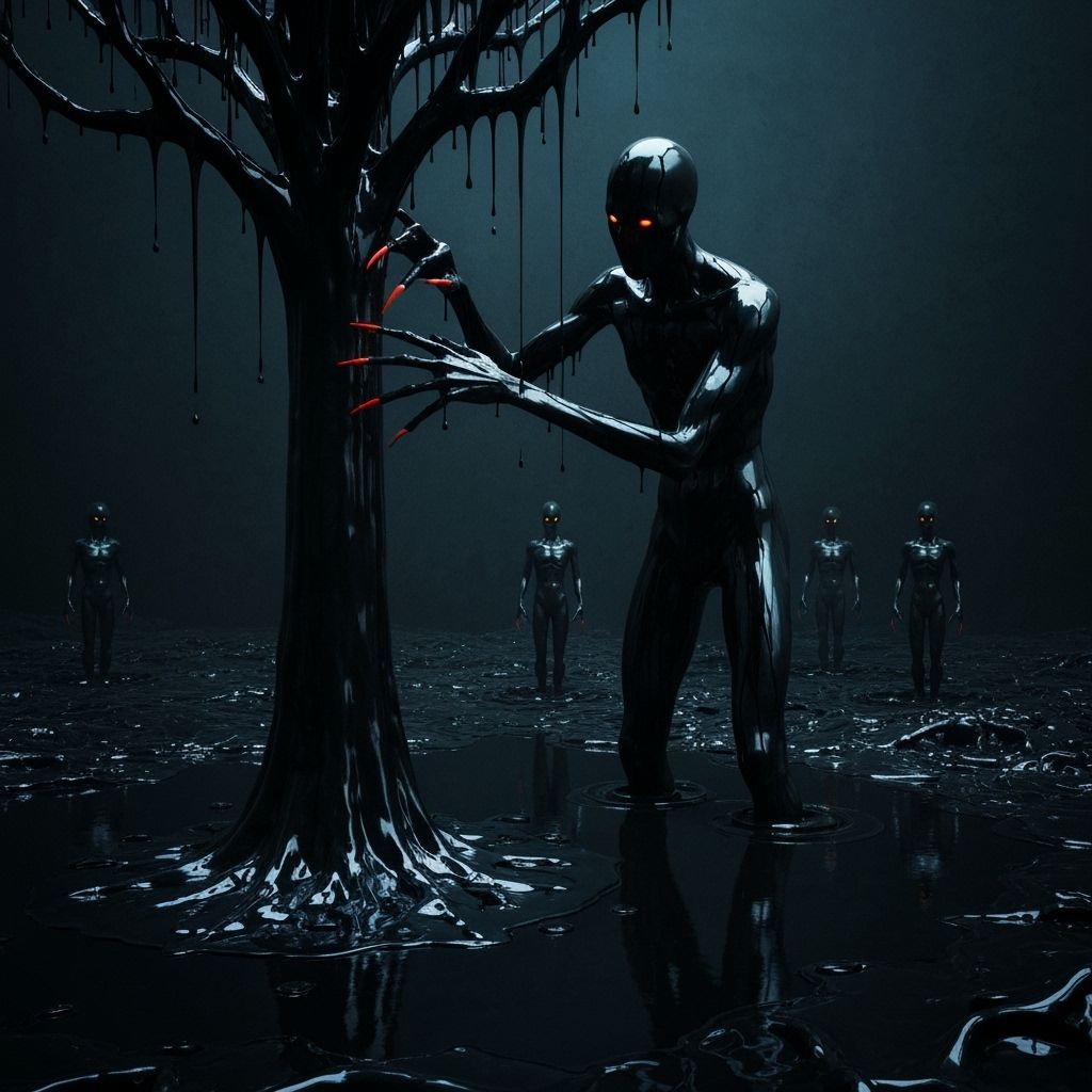 Horror Image of Tall Faceless Ink Creature in Dark Forest