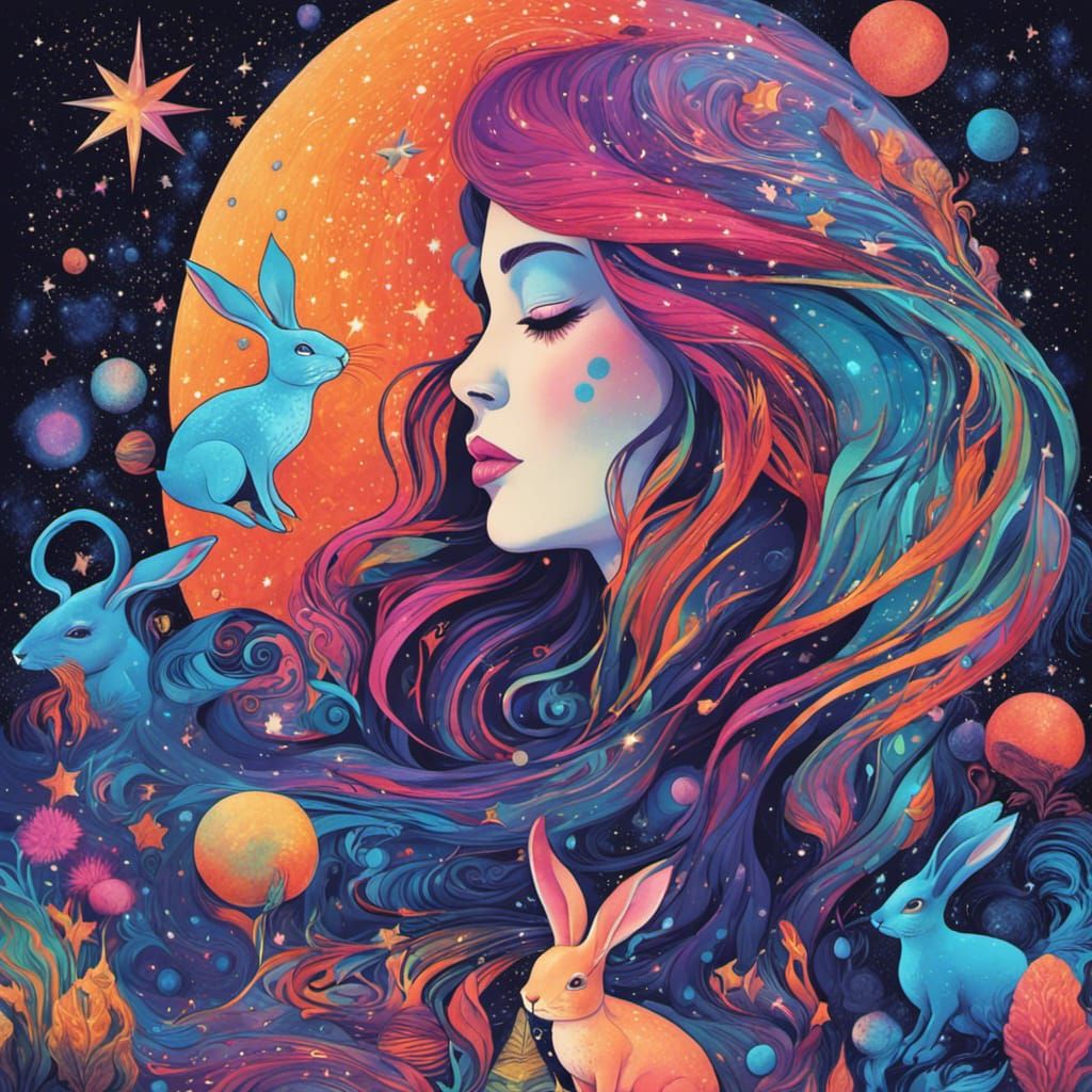 Cosmic Woman Surrounded by Rabbits in Pointillism