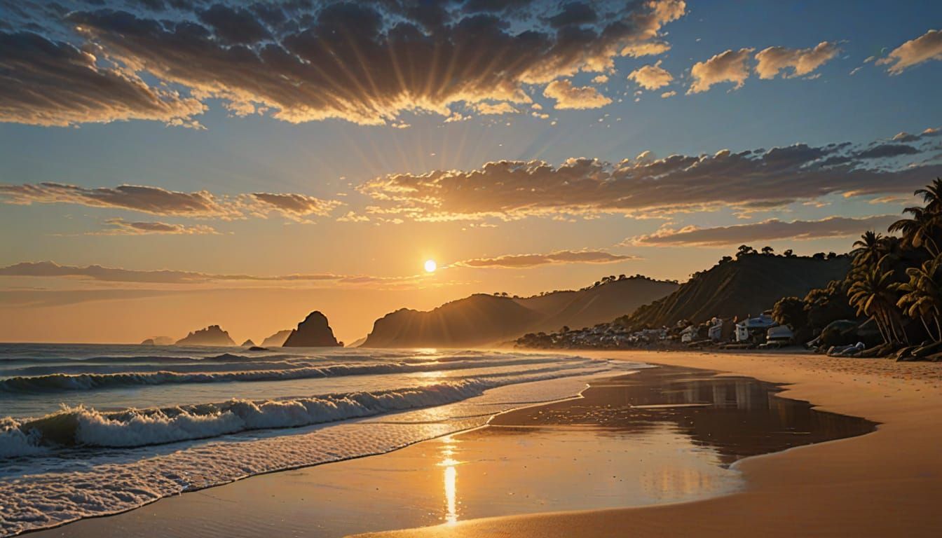 Surreal Hyperrealistic Beach Scene at Sunrise