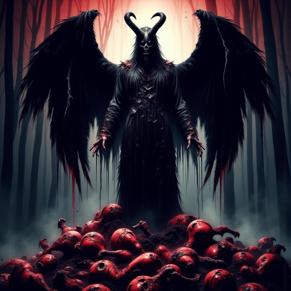 Horror Art Demoness Standing on Dead Bodies