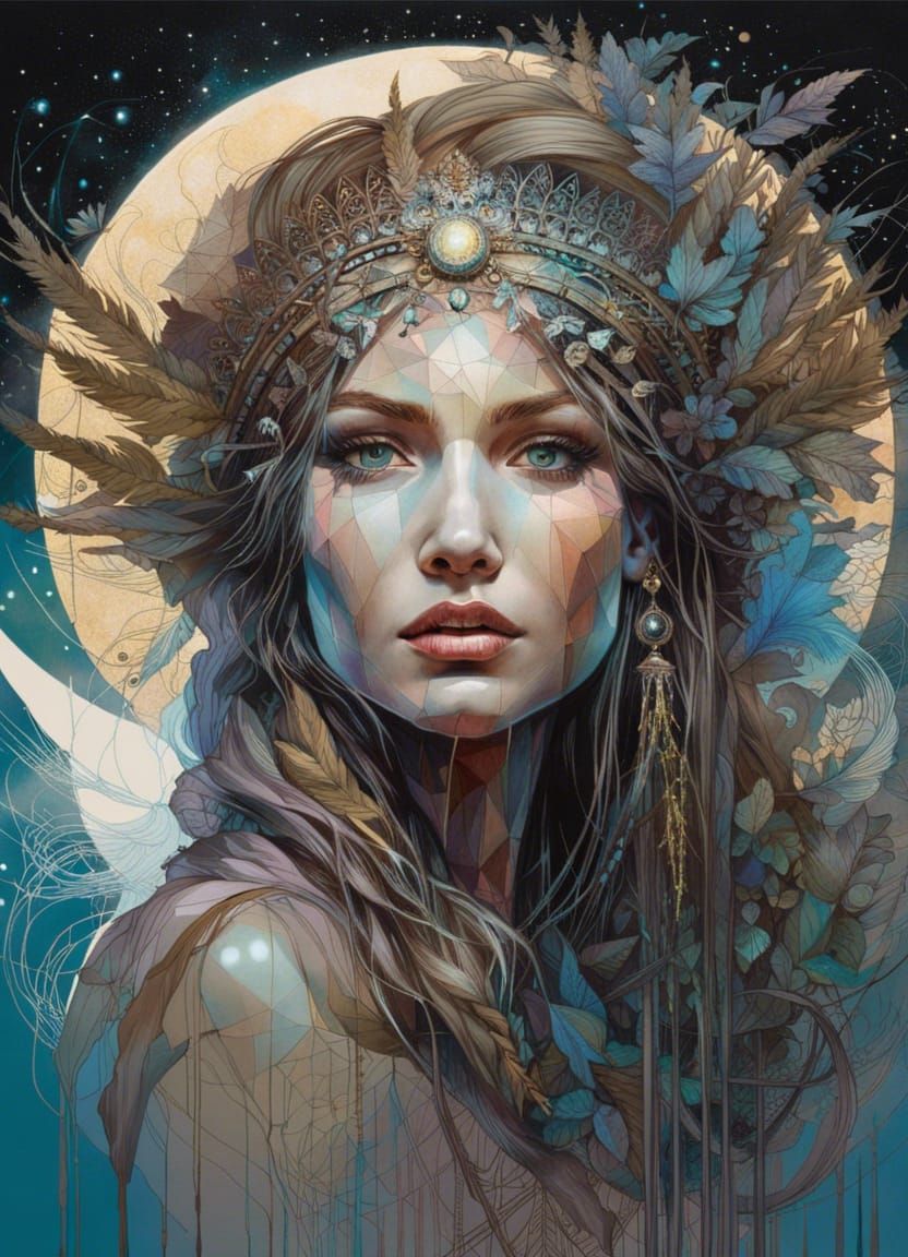Luminous Moon Goddess Portrait in Hypermaximalist Style