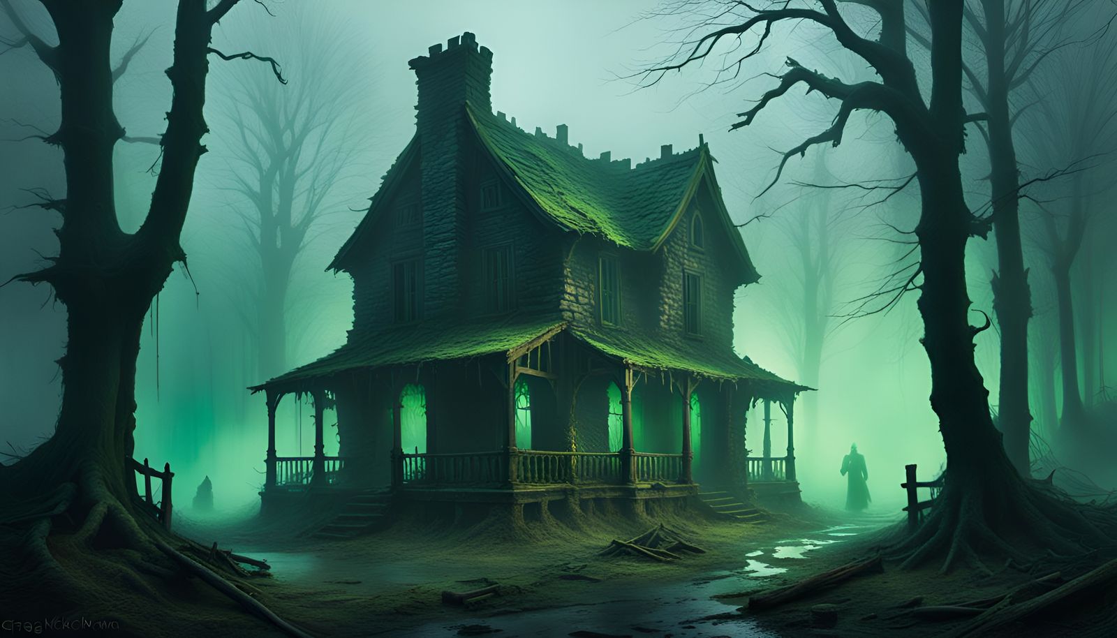 Ethereal Cottage Ruins in Foggy Woods