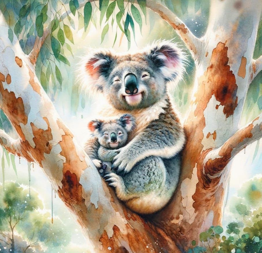 Koala Mother and Baby in Watercolour Gum Tree