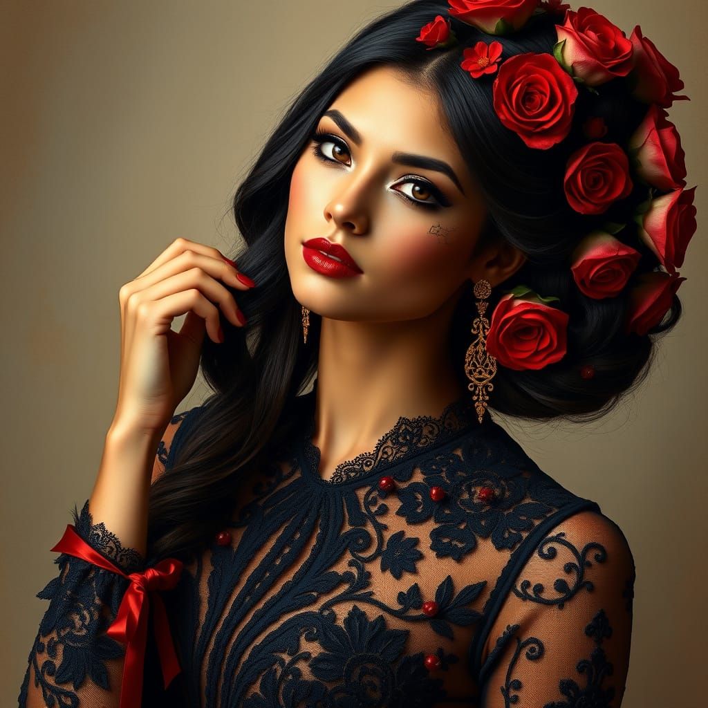 Stunning Latina in Gothic Lace and Roses Portrait