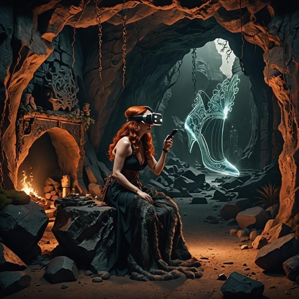 Cavewoman with VR discover her future new addiction