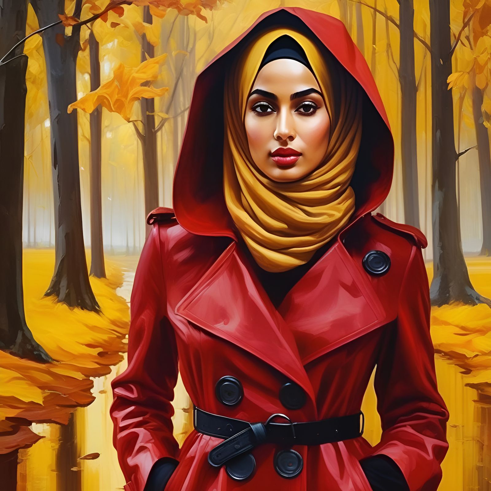 Elegant Hijabi in Red Trenchcoat: Vintage Portrait