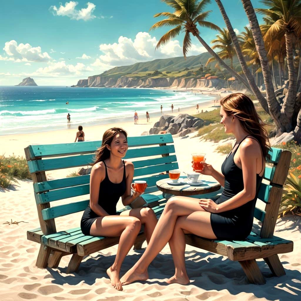 Stylish Woman in Black at Beach, Detailed Digital Art