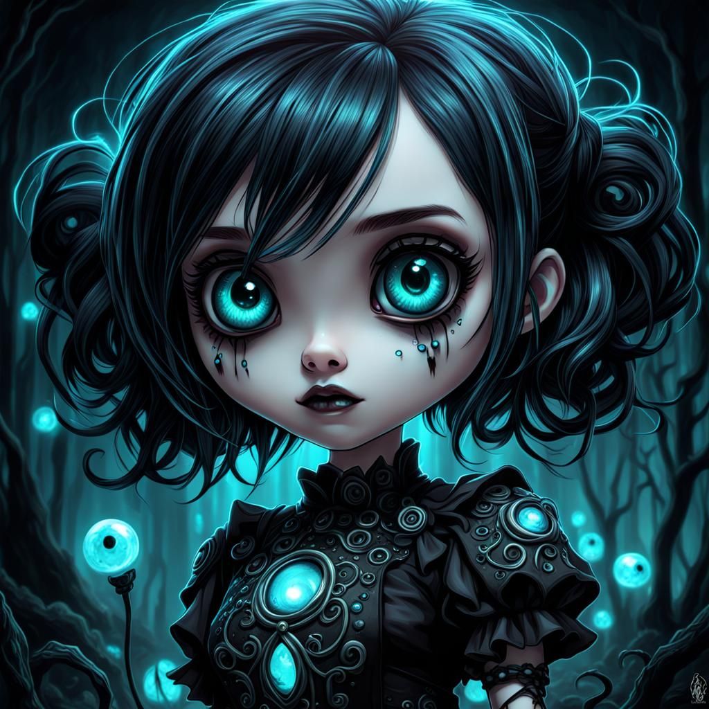 Bioluminescent Goth Girl in Tim Burton Style