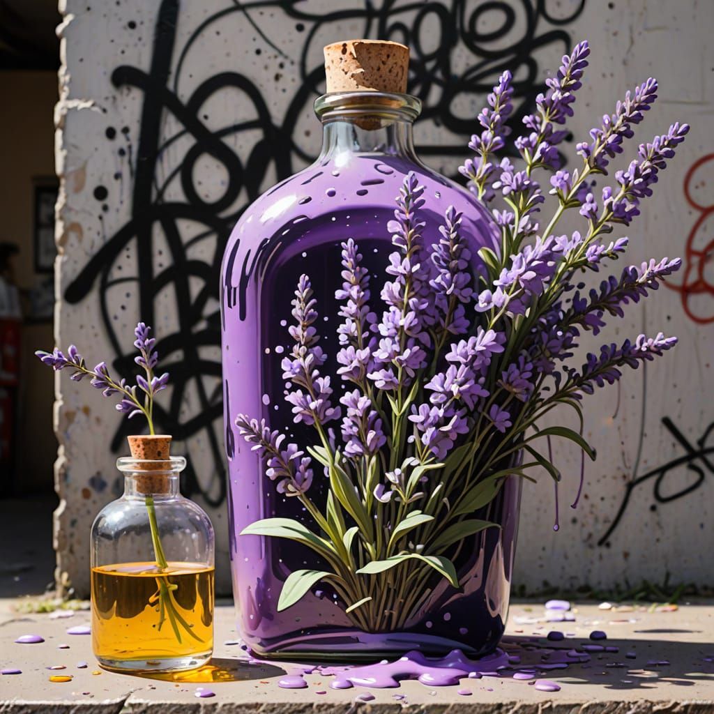 Man Trapped in Lavender Bottle, Graffiti Art in Vibrant Poly...